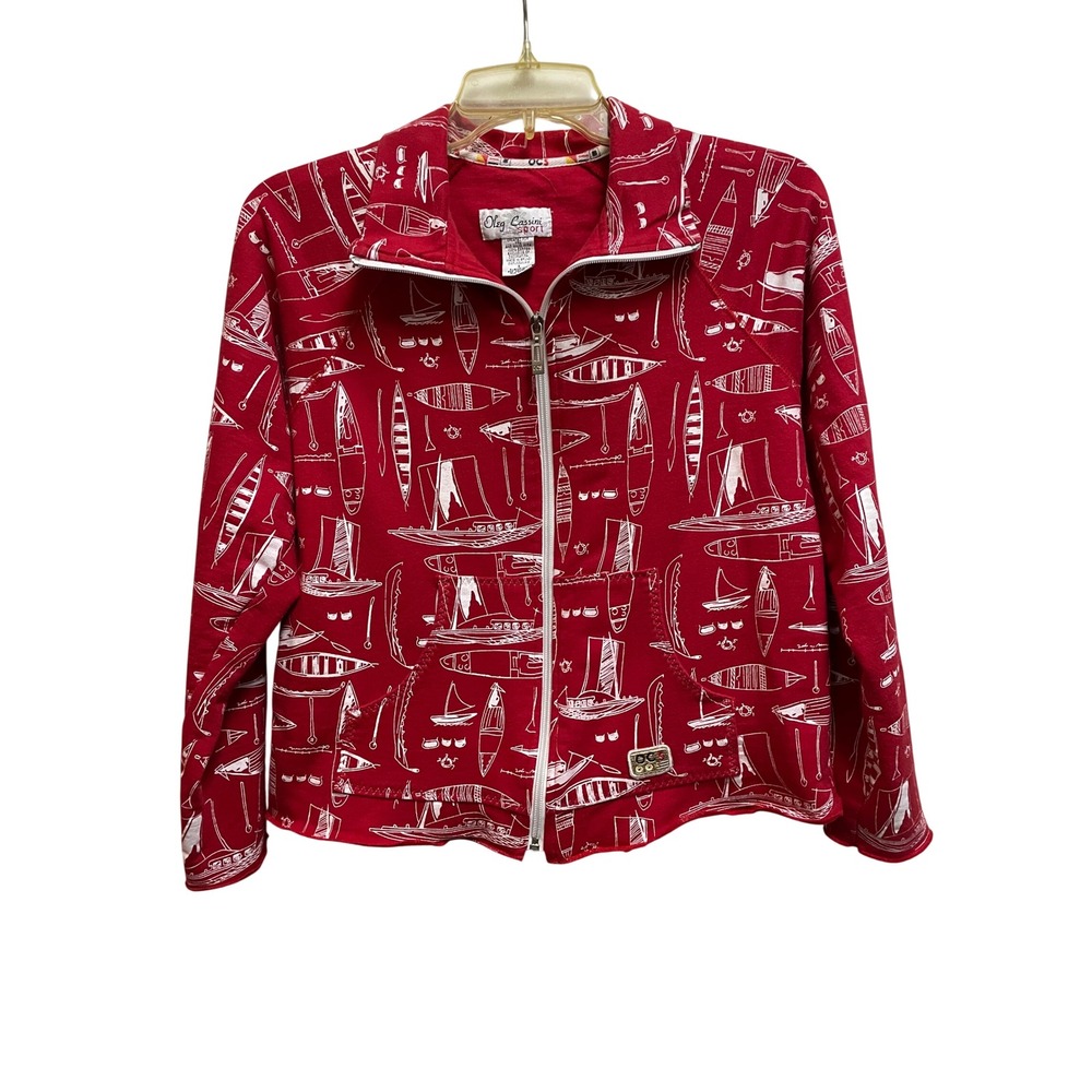 Oleg Cassini Sport Womens Red Nautical Boat Print Zip Up Sweatshirt Small